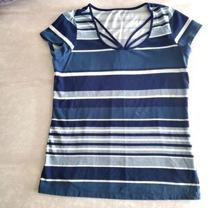 Cleo Striped T-shirt Short Sleeves Blue White Multicolored Stretch Casual Small